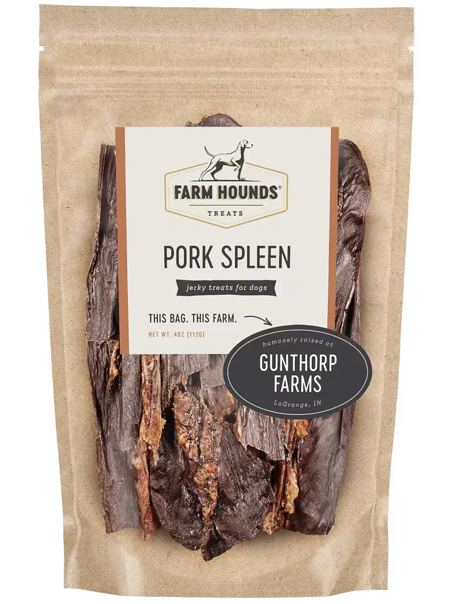 Fresh pork spleen from Farm Hounds, showcasing the organ's front view with detailed texture and natural coloration.
