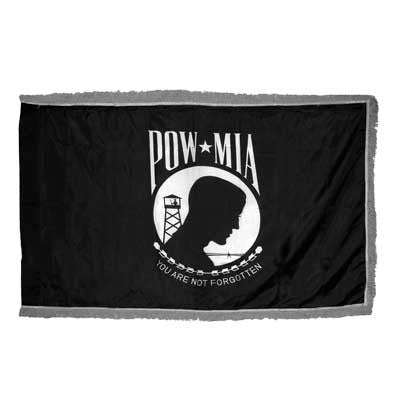 POW/MIA indoor parade flag by Flagman of America featuring a detailed emblem on a fabric flag for display or ceremony.