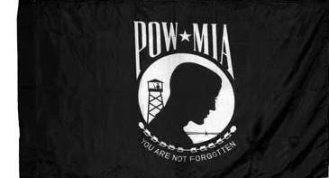 POW/MIA indoor parade flag by Flagman of America, featuring patriotic design with black and white American flag and POW/MIA emblem