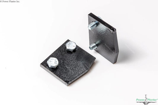 Two black Auger Replacement Blades by Power Planter Augers, each with two fasteners, shown with bolts and screws—one flat, one upright—on a white background; ideal as post hole auger blade replacements.