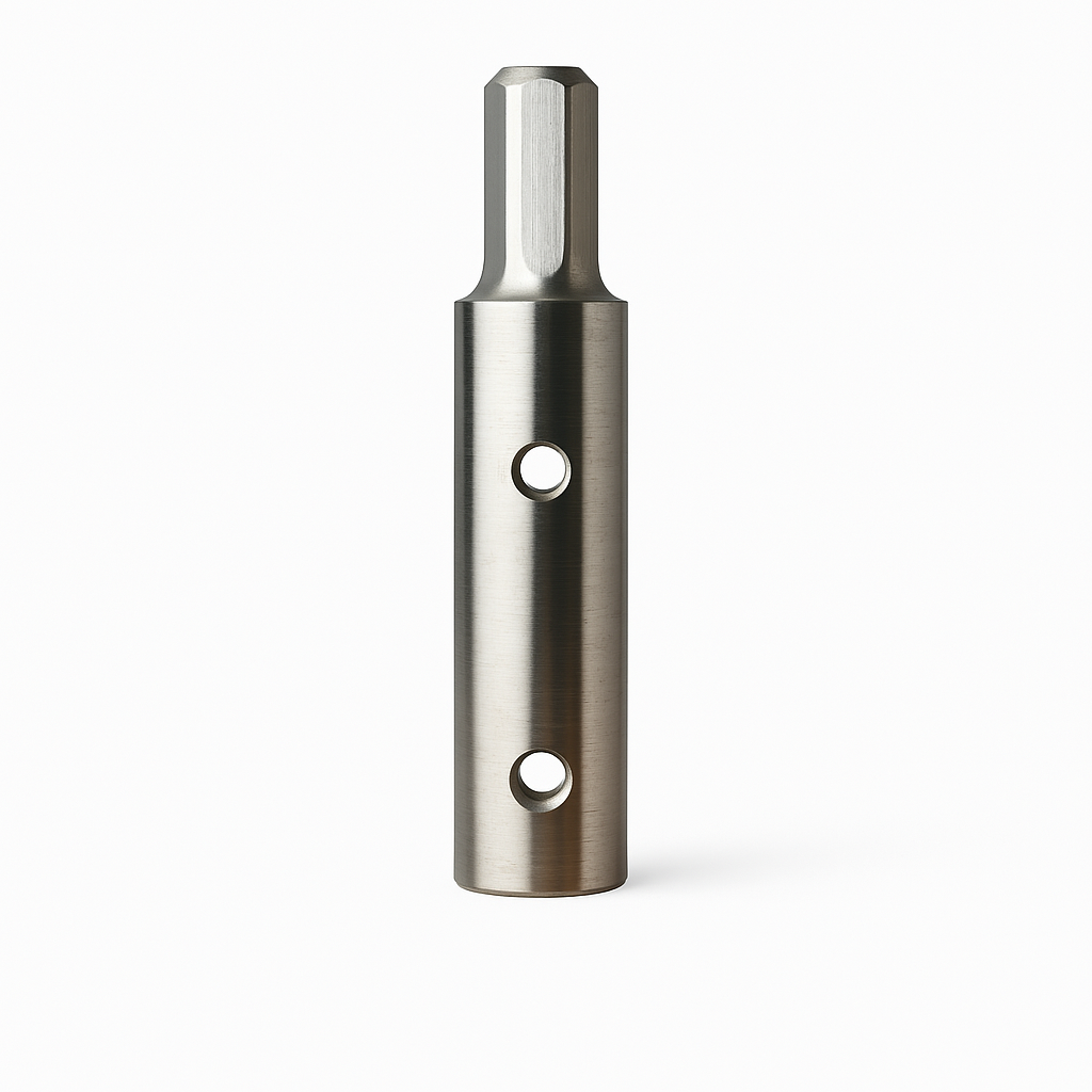 The Power Planter Augers Heavy Duty 1/2" Hex Auger Adapter is a metallic, cylindrical tool with a flat top, two round side holes, and a tapered end, shown standing upright on a white background.