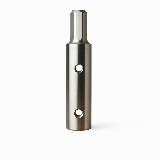 The Power Planter Augers Heavy Duty 1/2" Hex Auger Adapter is a metallic, cylindrical tool with a flat top, two round side holes, and a tapered end, shown standing upright on a white background.