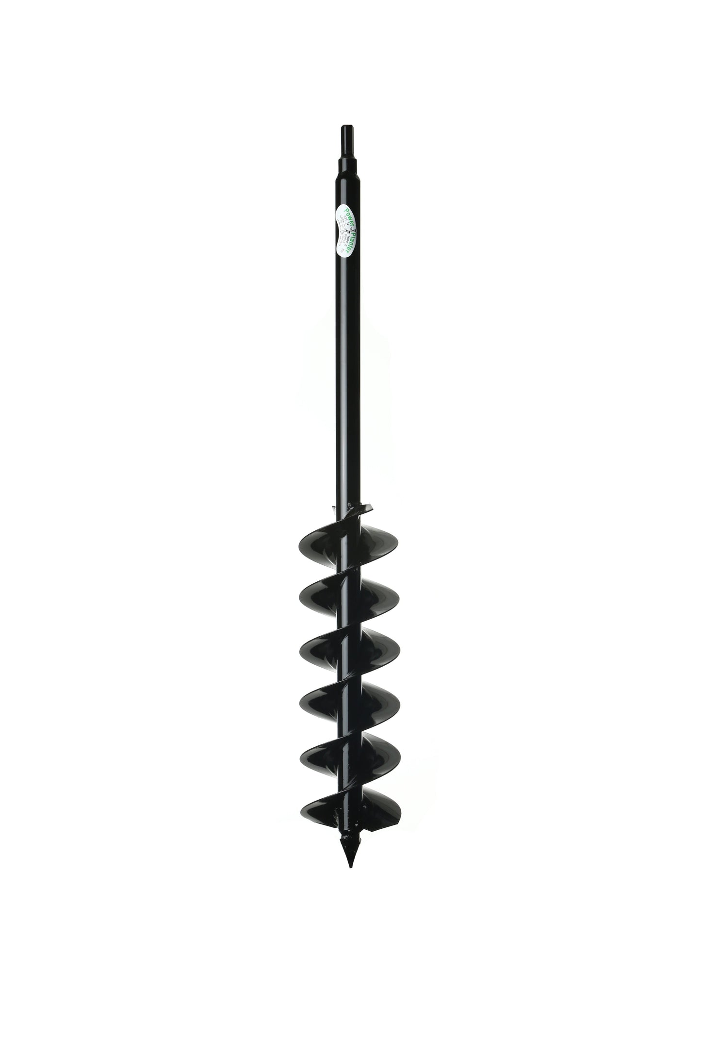 The Power Planter Augers Quart Pot Landscaping Auger (5" x 28") is a black metal drill bit with spiral blades for digging soil holes, shown vertically against a white background.