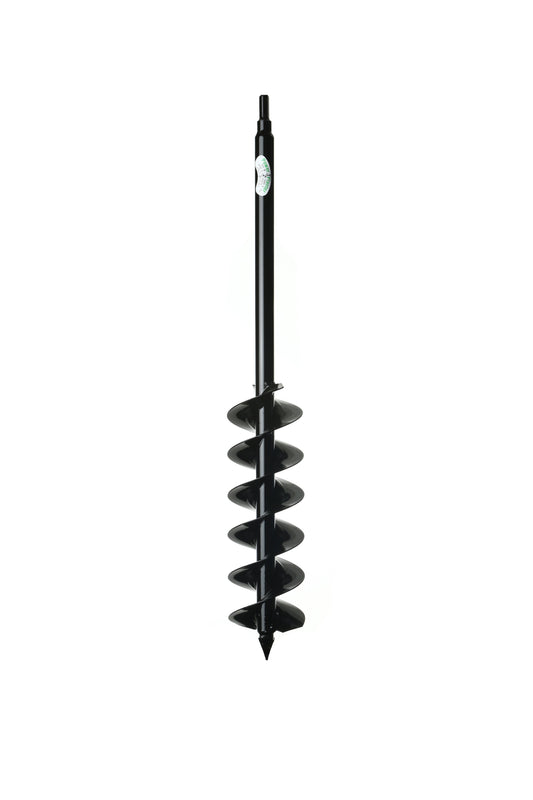 The Power Planter Augers Quart Pot Landscaping Auger (5" x 28") is a black metal drill bit with spiral blades for digging soil holes, shown vertically against a white background.