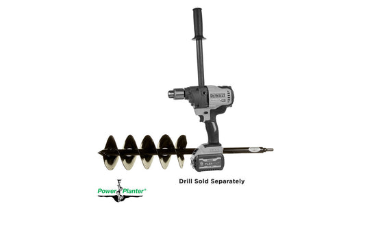 A Power Planter Augers Quart Pot Landscaping Auger (5" x 28") is attached to a DeWalt power drill. Text reads: “Drill Sold Separately.” The background is white.