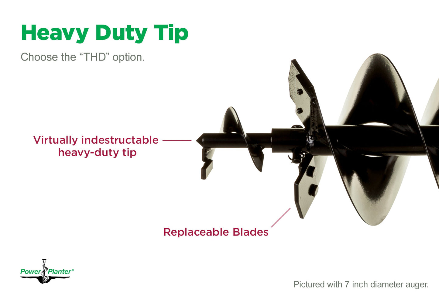 A labeled diagram of the black 5" x 28" Quart Pot Landscaping Auger by Power Planter Augers, with arrows highlighting its heavy-duty, virtually indestructible tip and replaceable blades. Text: Heavy Duty Tip; choose THD option—perfect for landscaping.