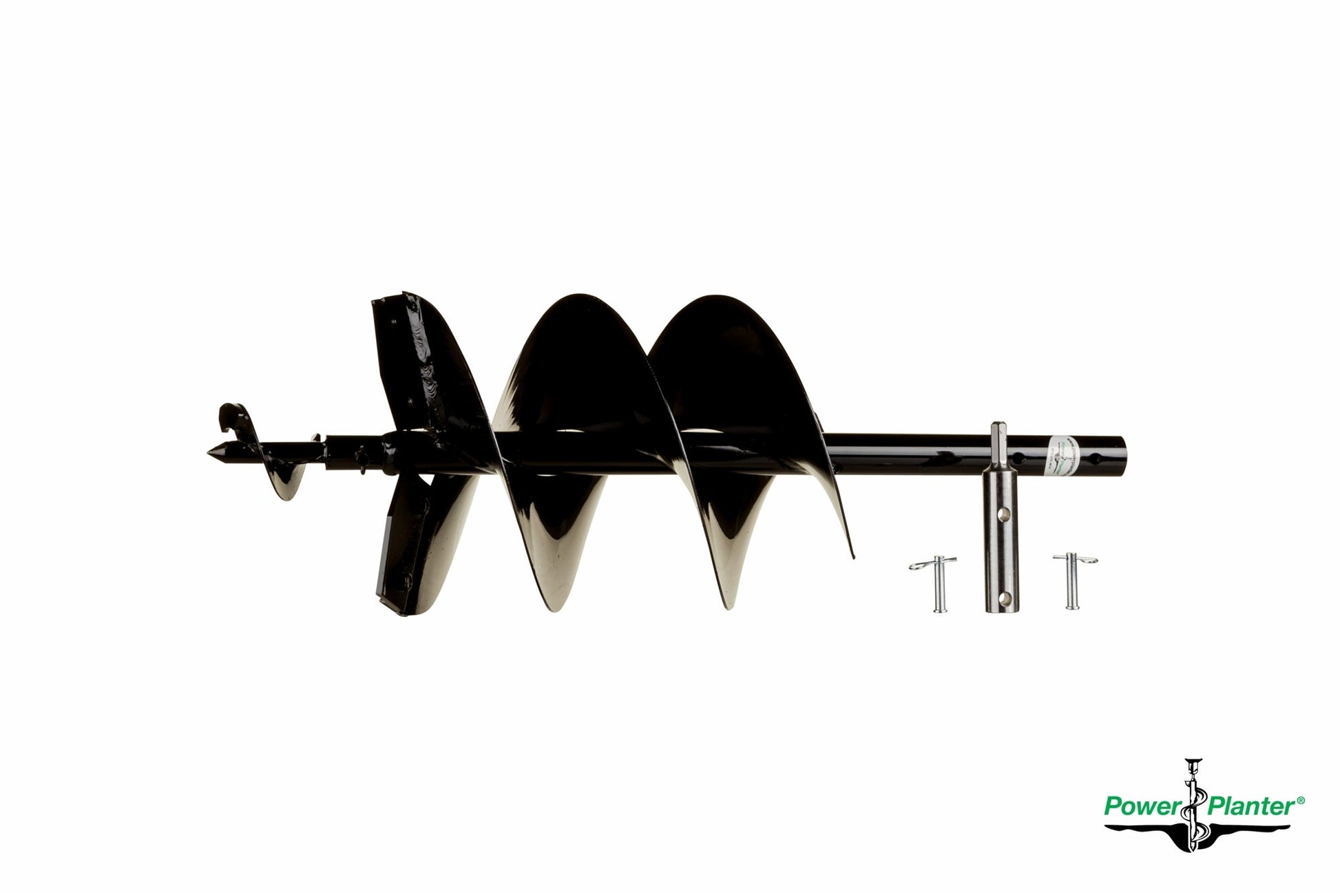 The Power Planter Augers Extra Large Earth Auger with Heavy-Duty Tip (9" x 28") is a black metal drill bit with wide spirals, replaceable tip, and attachment hardware, shown on a white background with the Power Planter logo.