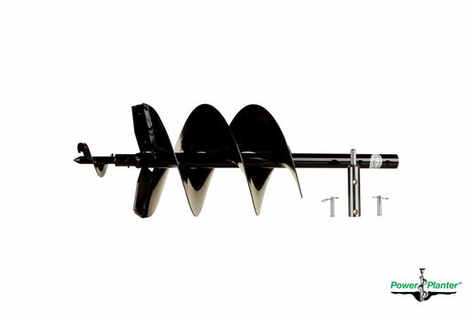 The Power Planter Augers Extra Large Earth Auger with Heavy-Duty Tip (9" x 28") is a black metal drill bit with wide spirals, replaceable tip, and attachment hardware, shown on a white background with the Power Planter logo.