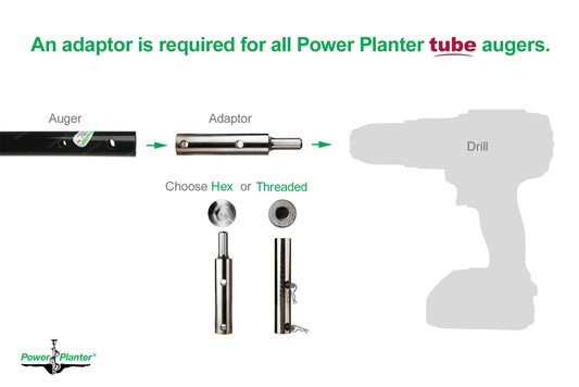 Diagram showing a Power Planter Augers Extra Large Earth Auger with Heavy-Duty Tip (9" x 28") needs a hex or threaded adaptor to connect to a drill. The Power Planter logo appears in the corner.