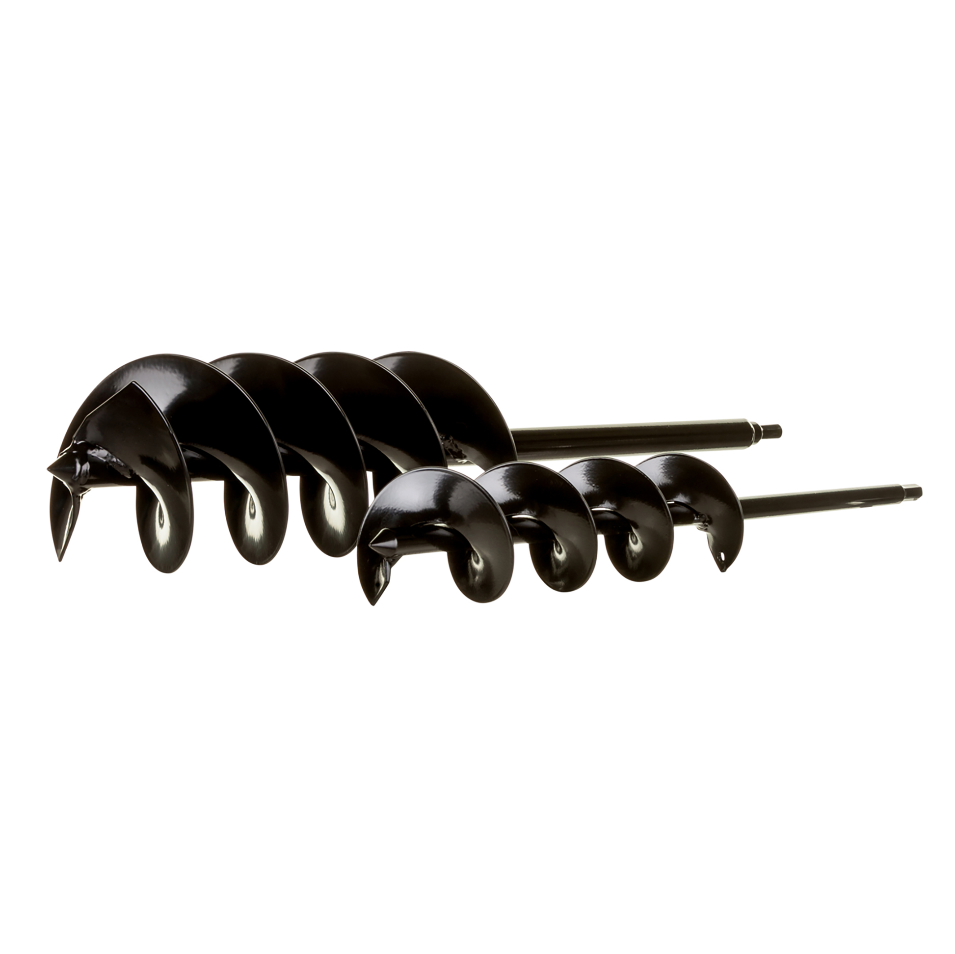 The Power Planter Augers Landscaping Auger Starter Pack, featuring 3" x 24" and 5" x 28" black metal auger bits, is shown side by side on a white background with their spiral blades and pointed tips clearly visible.