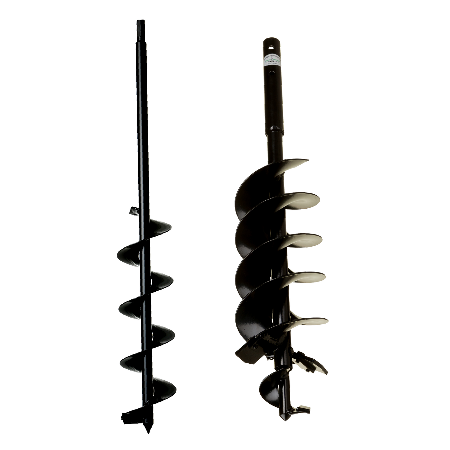 The Power Planter Augers Landscaping Auger Starter Pack includes two metal bits (3" x 24" and 5" x 28"), both with helical blades, standing upright against a white background—the thinner, shorter bit on the left and the thicker one on the right.