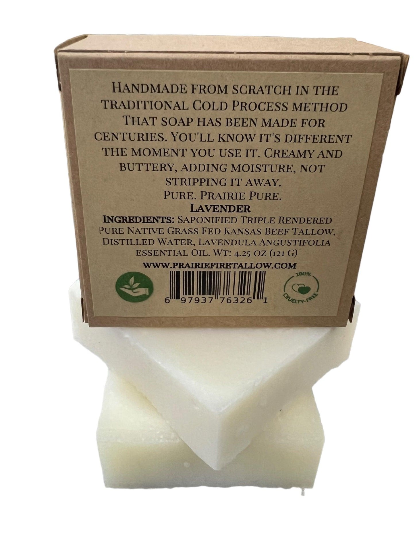 Prairie Fire Tallow’s Pure Beef Tallow Soap Bar (3 Pack) is handmade in the USA with grass-fed tallow, natural lavender, and prairie-fresh ingredients. Cold-processed, it gently cleanses and hydrates face, body, and hair. Full ingredients on label above barcode.