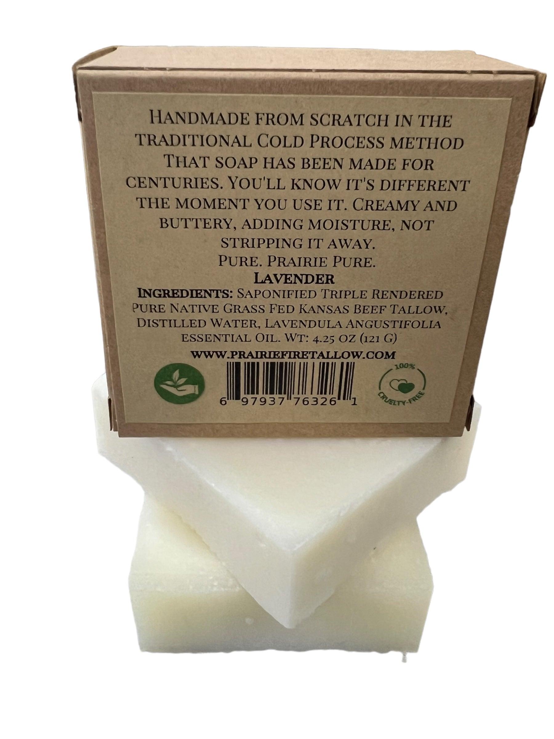 Prairie Fire Tallow’s Pure Beef Tallow Soap Bar (3 Pack) is handmade in the USA with grass-fed tallow, natural lavender, and prairie-fresh ingredients. Cold-processed, it gently cleanses and hydrates face, body, and hair. Full ingredients on label above barcode.