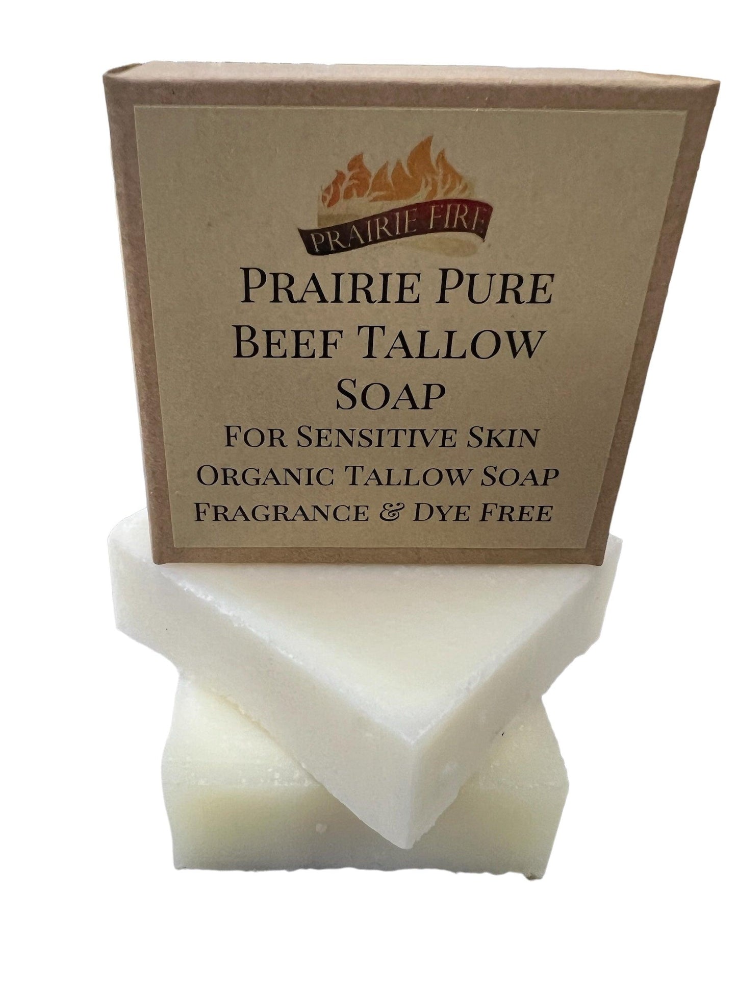 A box labeled Prairie Fire Pure Beef Tallow Soap Bar (3 Pack) sits on two white bars. The label says its natural, organic, grass fed and finished, made in the USA for face, body, and hair—cleanses, moisturizes, soothes and hydrates.