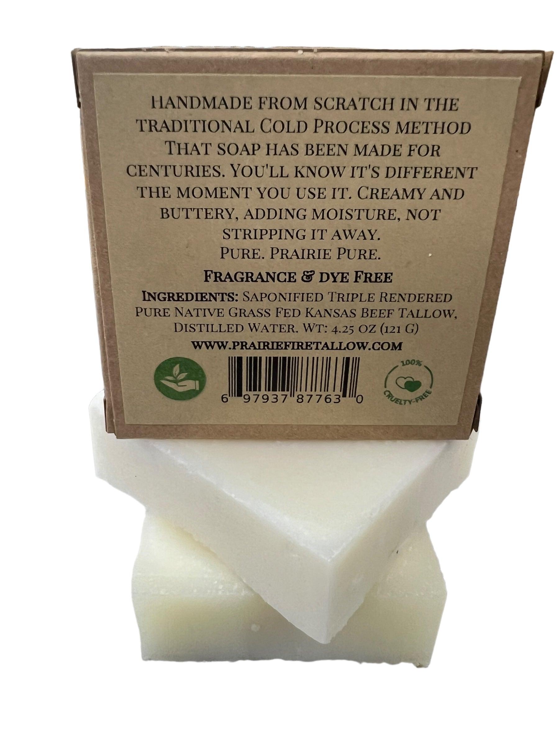 Prairie Fire Tallows Pure Beef Tallow Soap Bar (3 Pack) is handmade in the USA from grass-fed, finished beef tallow. Fragrance and dye free, natural and organic, this bar cleanses, moisturizes, soothes, and hydrates face, body, and hair.