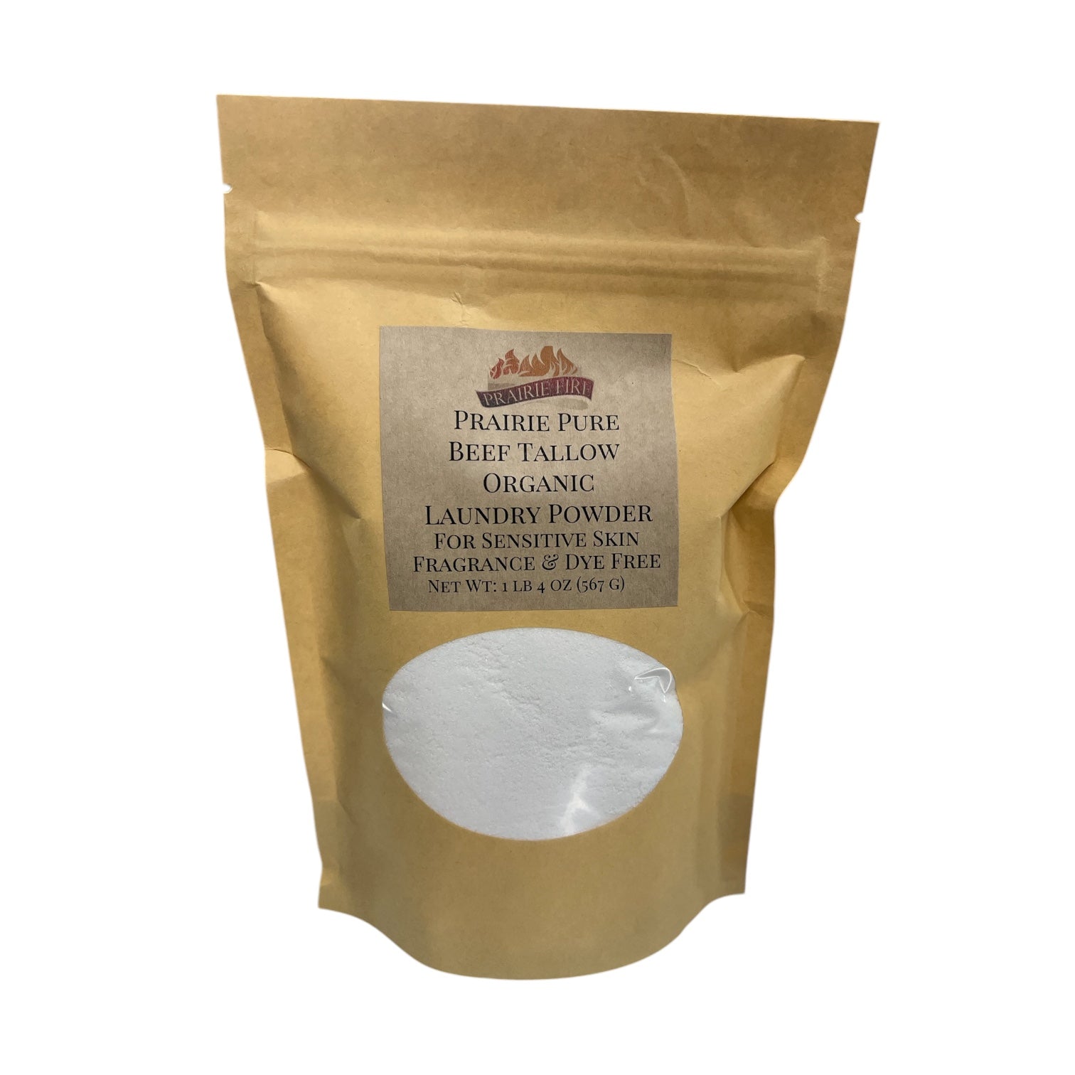 Organic beef tallow laundry soap powder by Prairie Fire Tallow, fragrance-free, dye-free, made in the USA for sensitive skin.