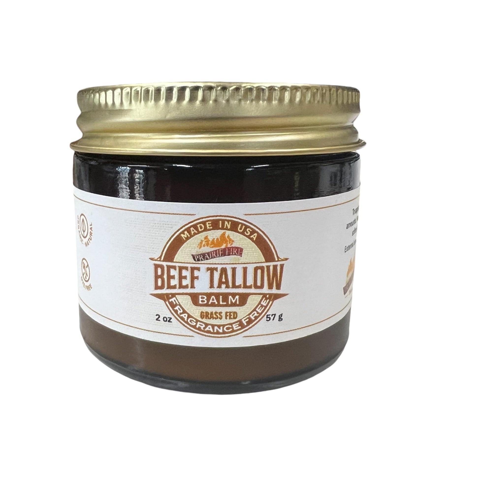 Prairie Fire Tallow Beef Tallow Balm in 2 oz jar, organic grass-fed, fragrance-free moisturizer for skin care, made in USA.