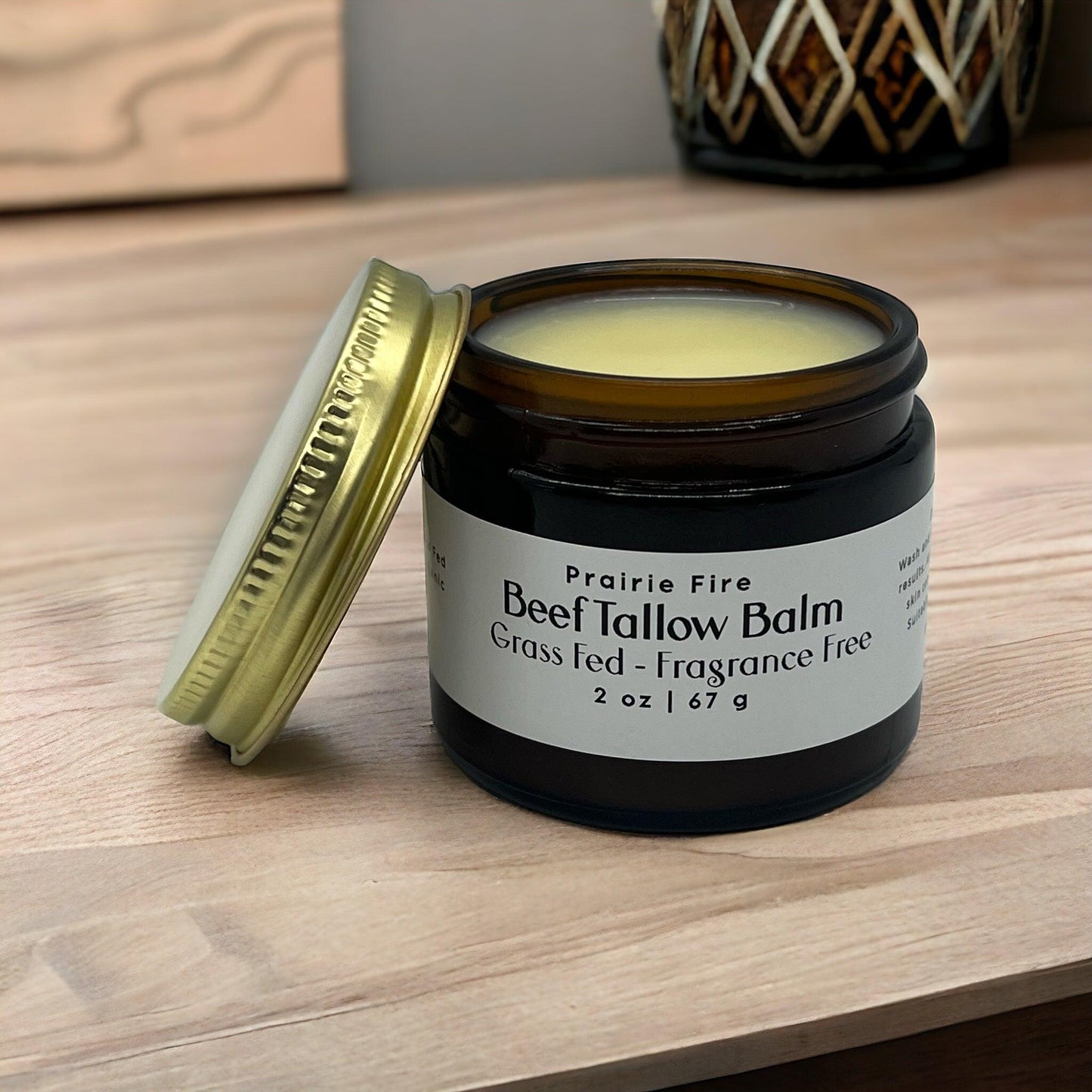 Prairie Fire Tallow Beef Tallow Balm in 2 oz jar, organic grass-fed, fragrance-free moisturizer for nourishing skin care.