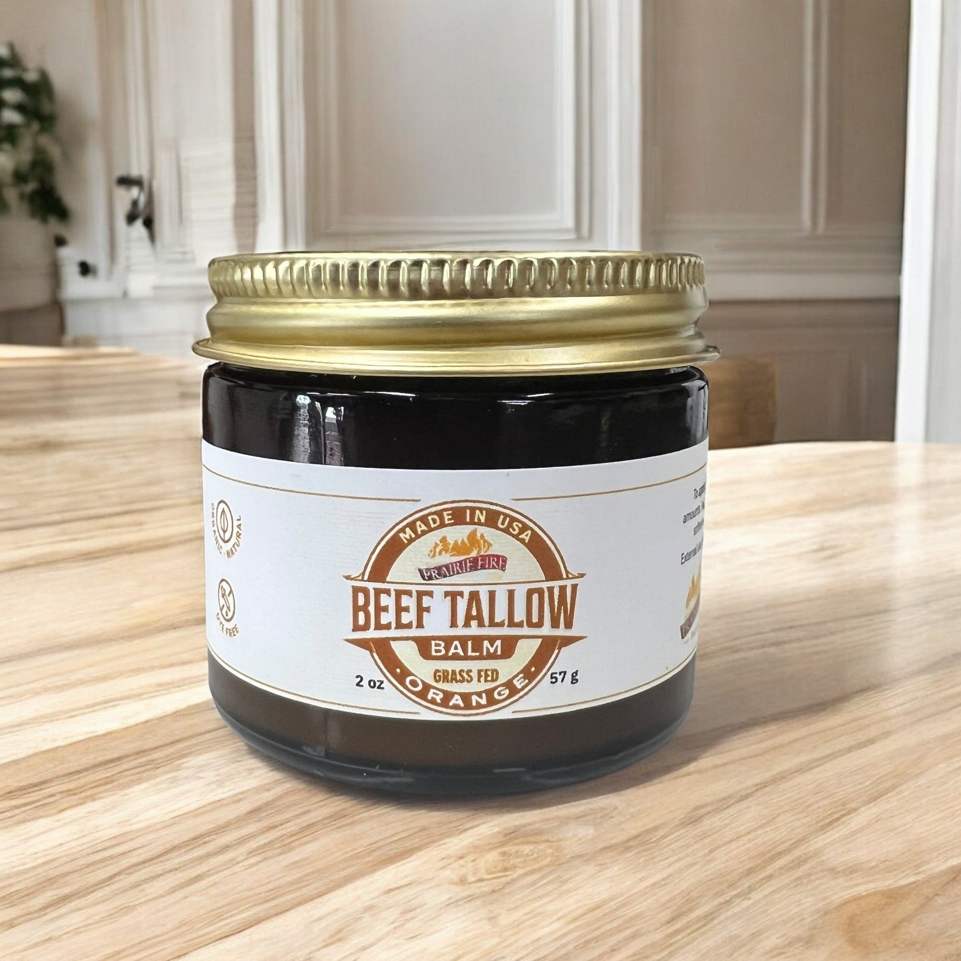 Prairie Fire Tallow Beef Tallow Balm 2 oz moisturizer in a jar, made in USA with organic grass-fed beef tallow for nourishing skin care.