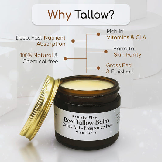 Organic beef tallow balm in an 8 oz jar by Prairie Fire Tallow; moisturizing skin care made in the USA from grass-fed beef.