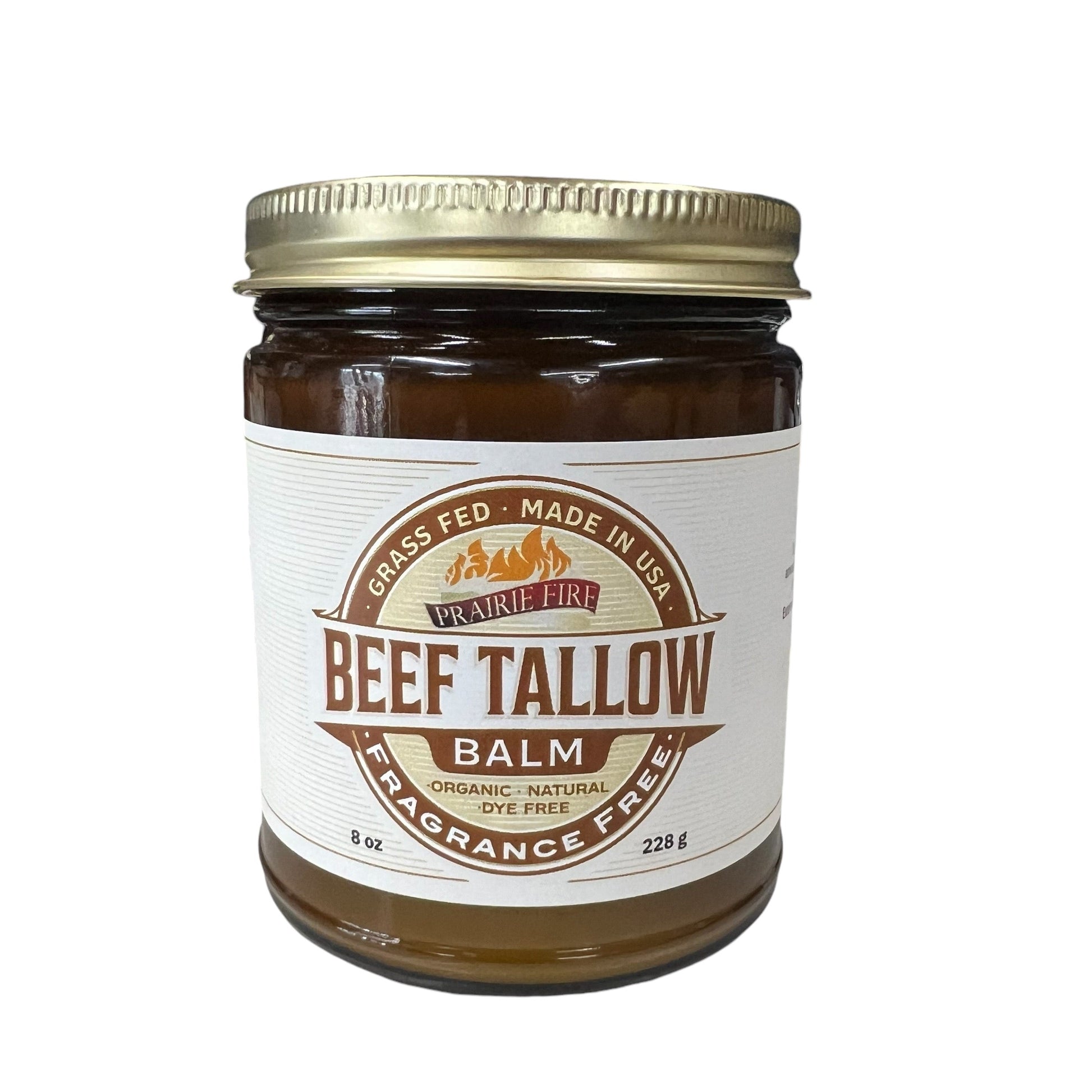 Prairie Fire Tallow, Candles, and Lavender’s Beef Tallow Balm is an 8 oz brown glass jar with a gold lid. Made in the USA from organic, grass-fed and finished tallow, its a fragrance-free, dye-free natural moisturizer.