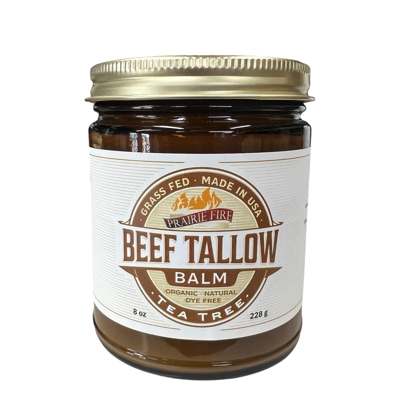 Beef Tallow Balm by Prairie Fire Tallow, Candles, and Lavender is an 8 oz natural moisturizer made in the USA with organic grass-fed tallow and tea tree. Comes in a brown glass jar with a gold lid.