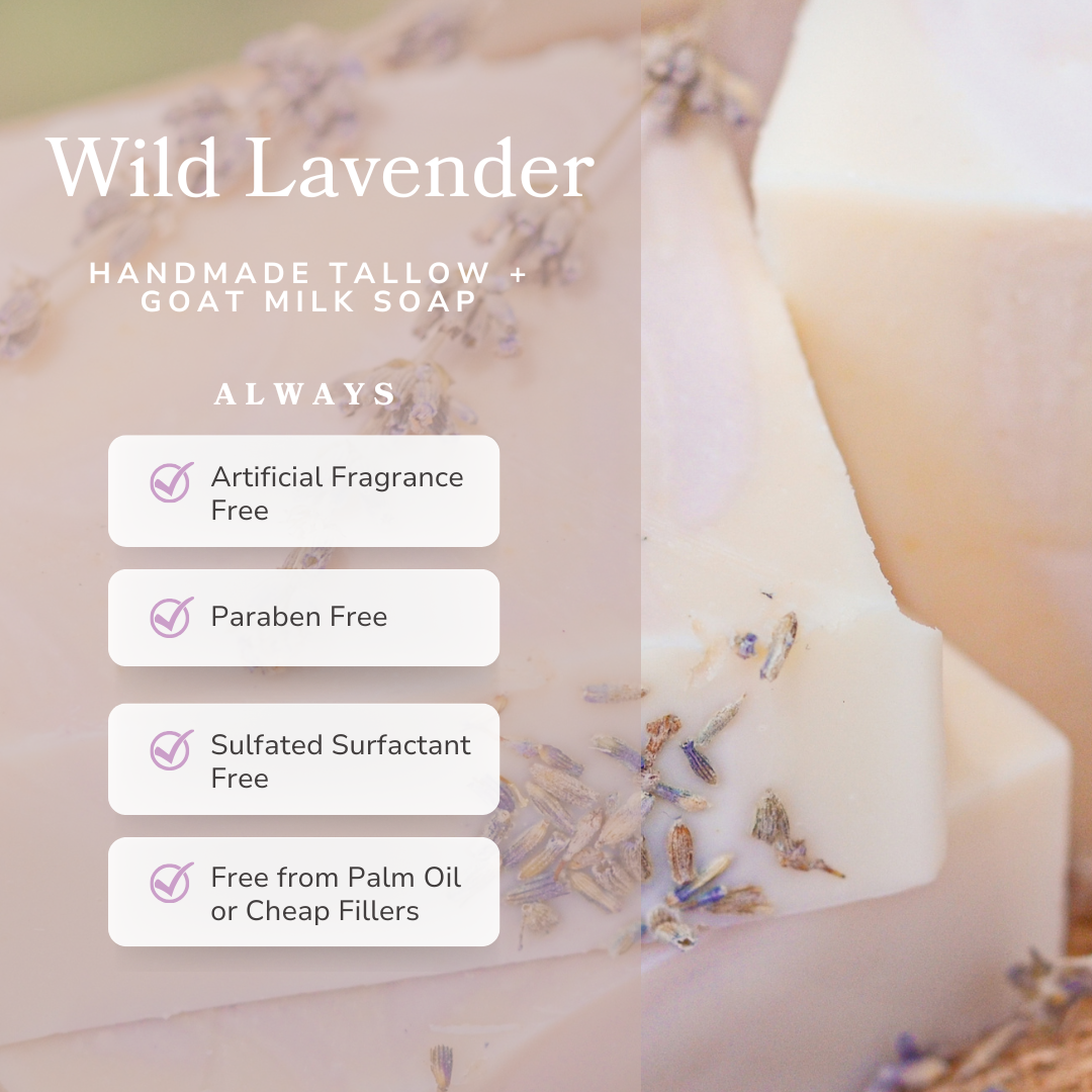 Pretty Farm Girl Wild Lavender Handmade Tallow and Goat Milk Soap Bar, natural bar soap with lavender scent and rustic packaging.