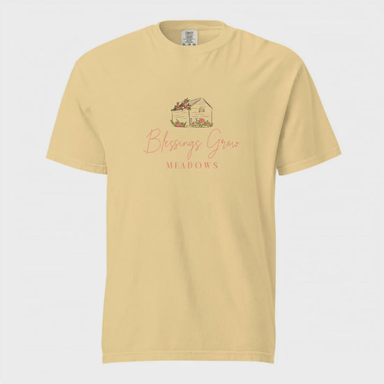 Blessings Grow Meadows Logo Unisex Garment-Dyed Heavyweight T-shirt Studio Video
