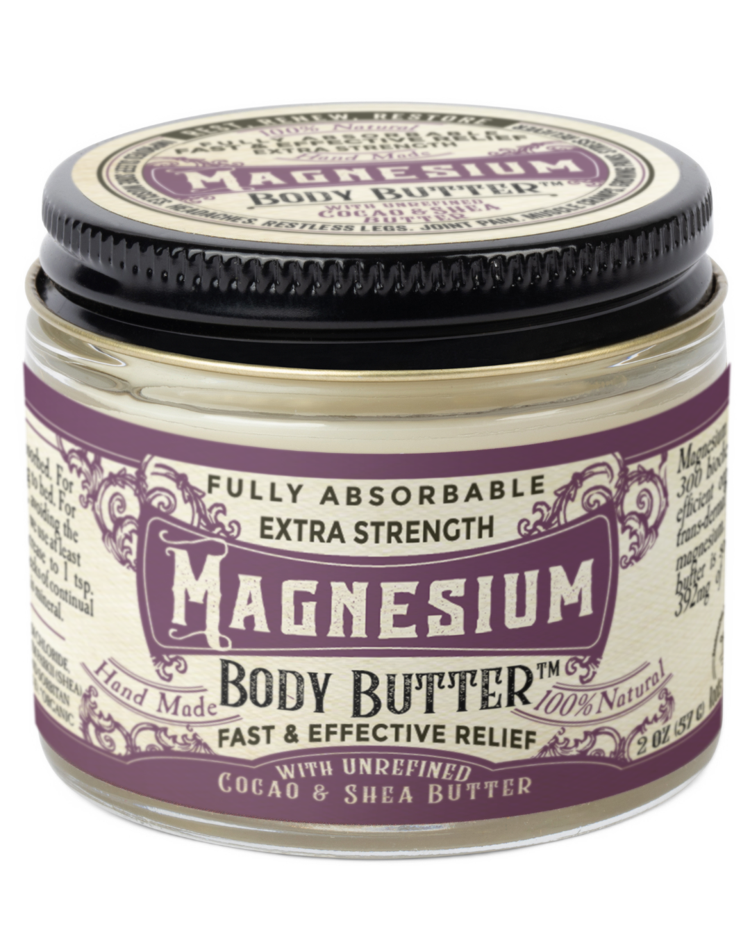 Creamy magnesium body butter by Roots and Leaves LLC, showing a smooth, white body moisturizer in a jar.