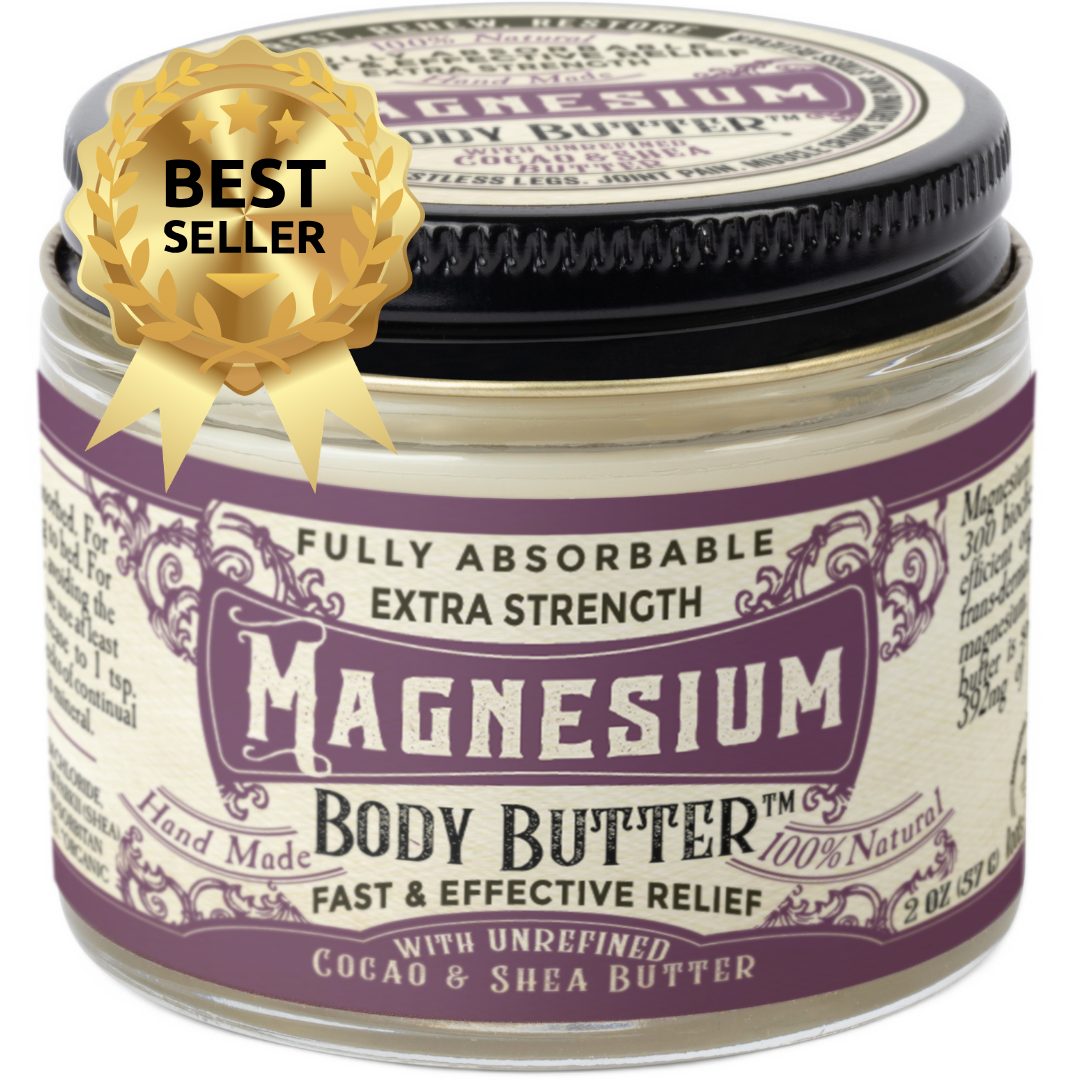 Creamy magnesium body butter from Roots and Leaves LLC, shown in a jar with a smooth, luxurious texture for nourishing skin.