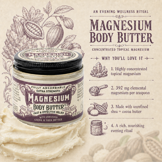 Creamy magnesium body butter by Roots and Leaves LLC, featuring a smooth, luxurious texture in a jar.