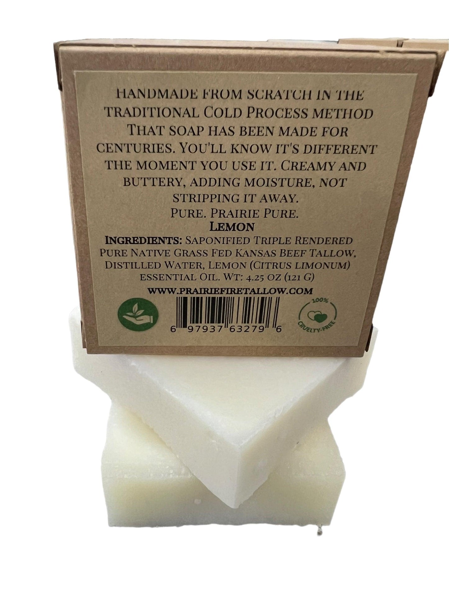 A bar of Prairie Fire Tallow Pure Beef Tallow Soap (3 Pack) is displayed before its packaging, highlighting this natural, organic USA-made soap for face, body and hair—cleanses, moisturizes, soothes and hydrates using grass-fed beef tallow.