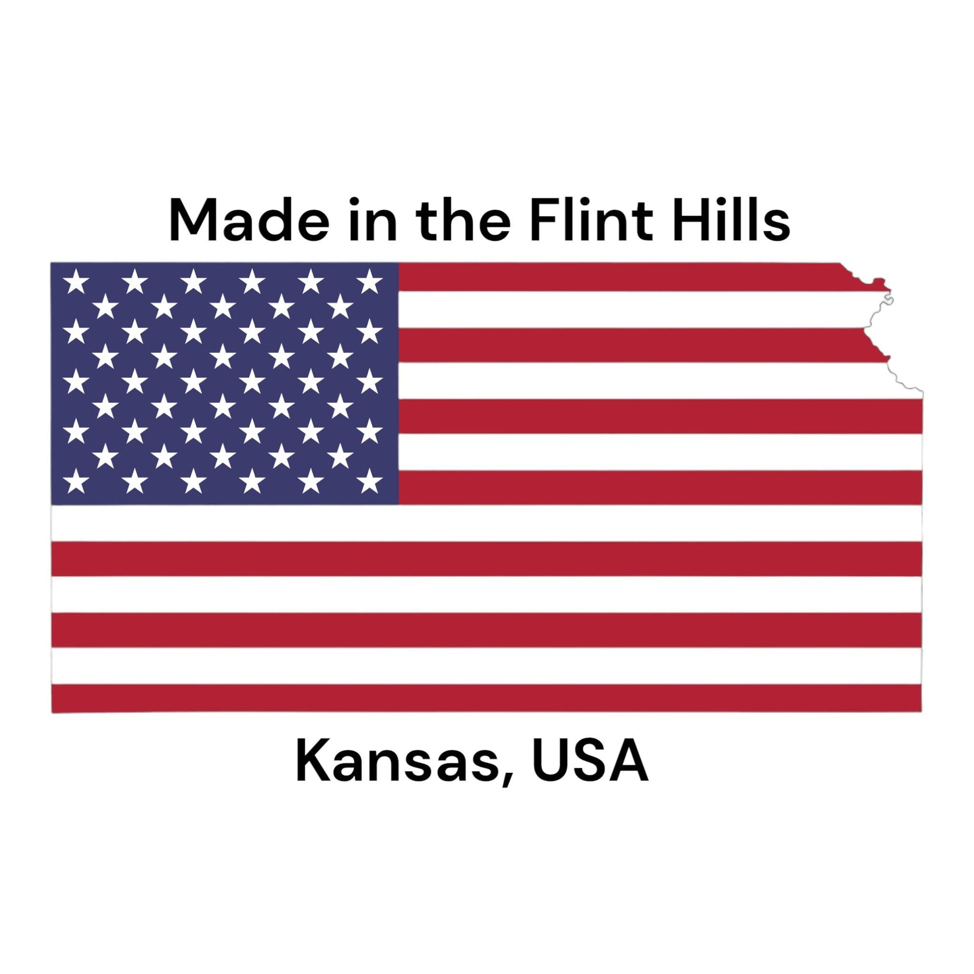 An outline of Kansas filled with the American flag, featuring Made in the Flint Hills above and Kansas, USA below—highlighting Prairie Fire Tallow’s Pure Beef Tallow Soap Bar (3 Pack): grass-fed & finished, natural, moisturizing, and handmade in the heartland.