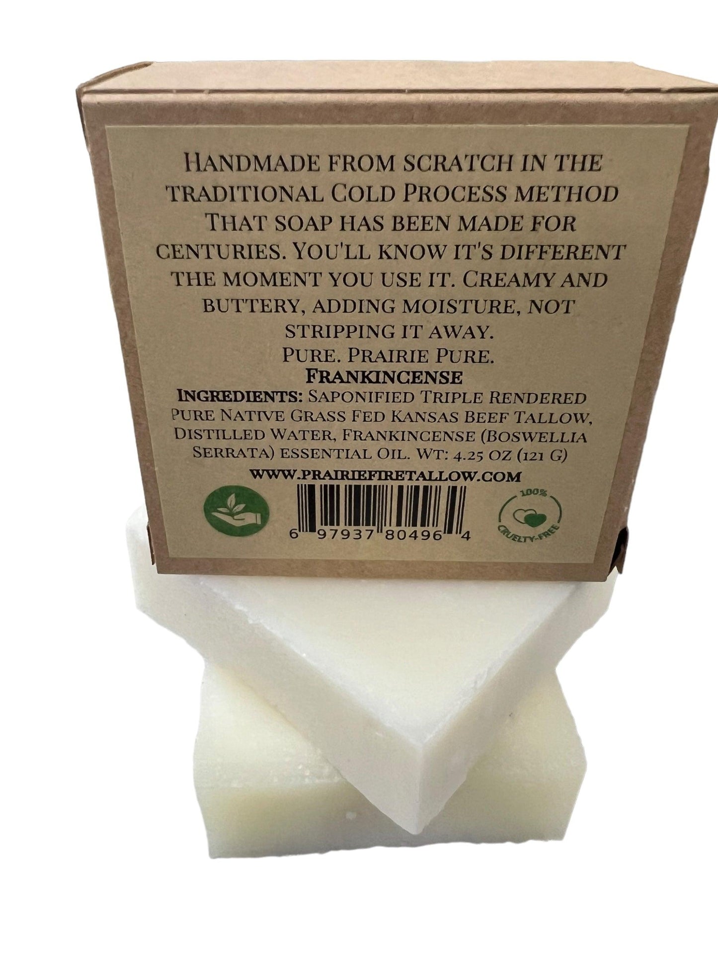 Prairie Fire Tallow, Candles, and Lavender’s Pure Beef Tallow Soap Bar (3 Pack) is handmade in the USA with grass-fed tallow, frankincense oil, water & lye. Designed for face, body & hair—natural, organic, moisturizing & gentle. Label highlights purity and website.