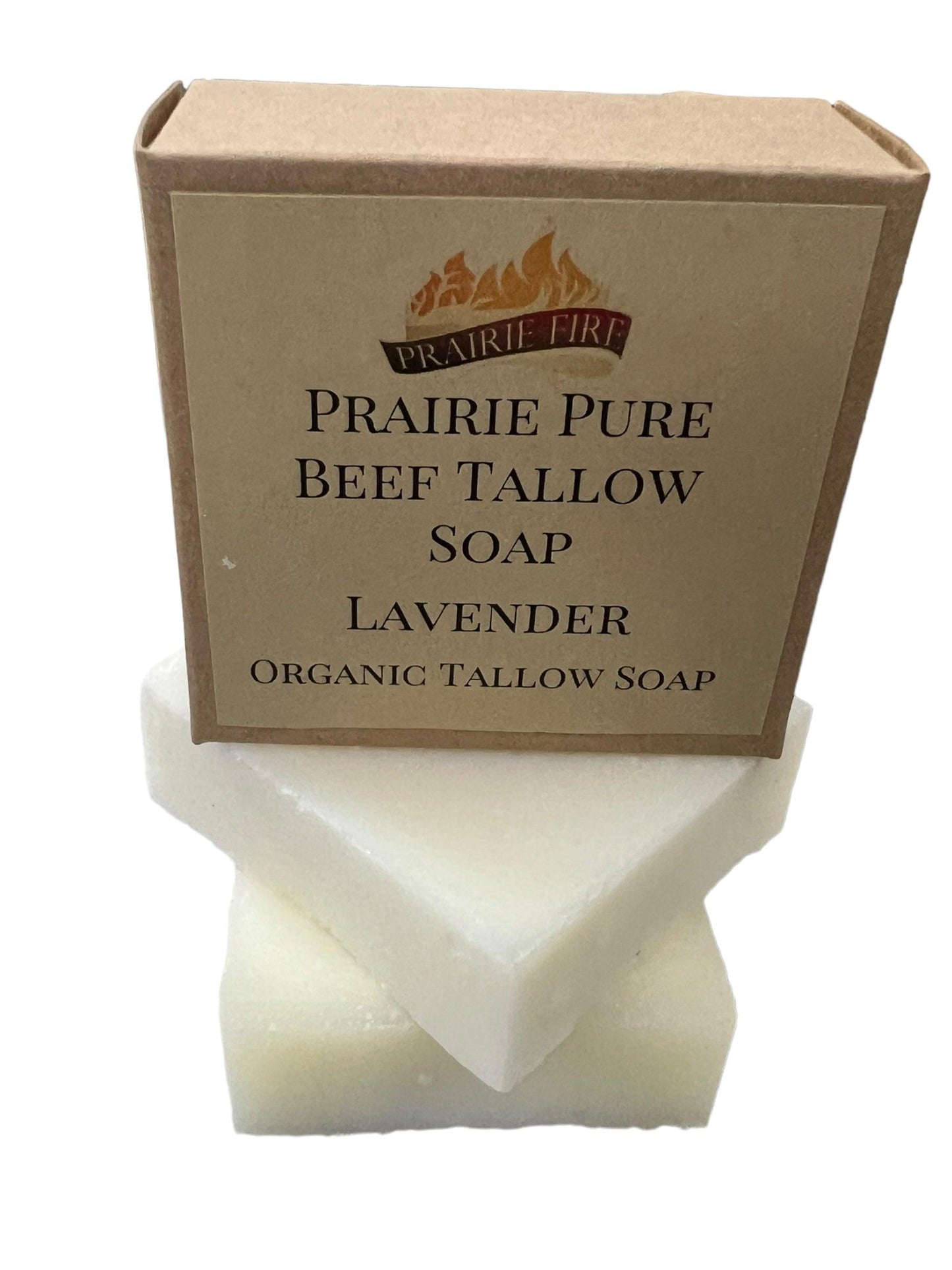 A box labeled Prairie Fire Tallow Pure Beef Tallow Soap Bar (3 Pack) sits atop two white bars of natural and organic, grass fed USA-made soap for face, body, and hair.