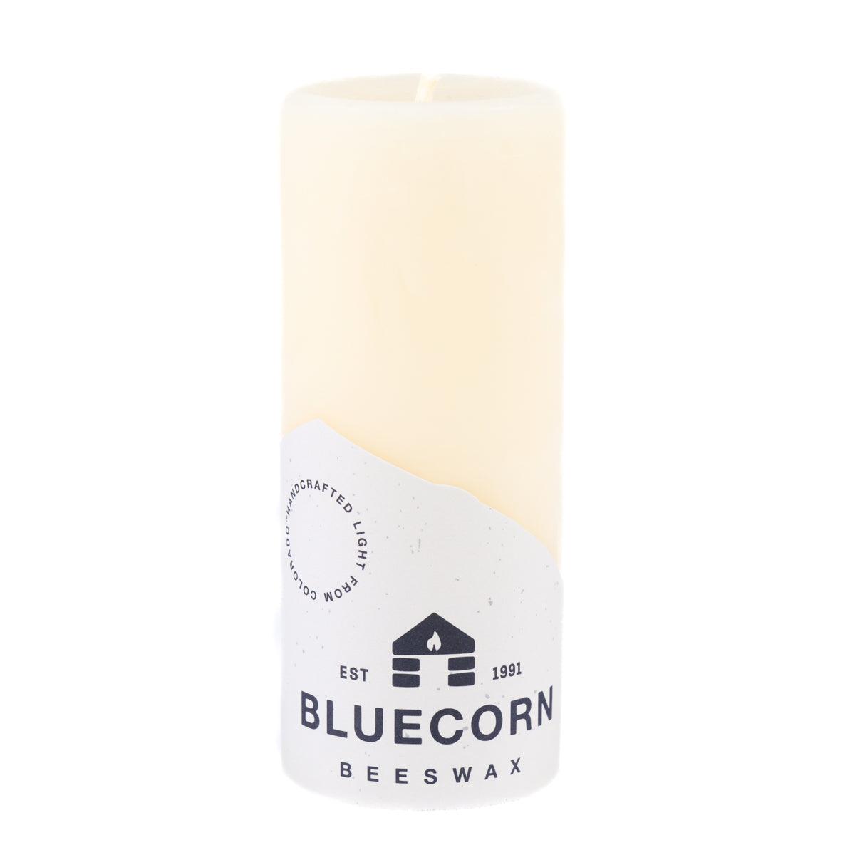 Ivory Pure Beeswax Pillar Candle by Bluecorn Candles, tall and smooth with a natural beeswax finish, ideal for decorative lighting.