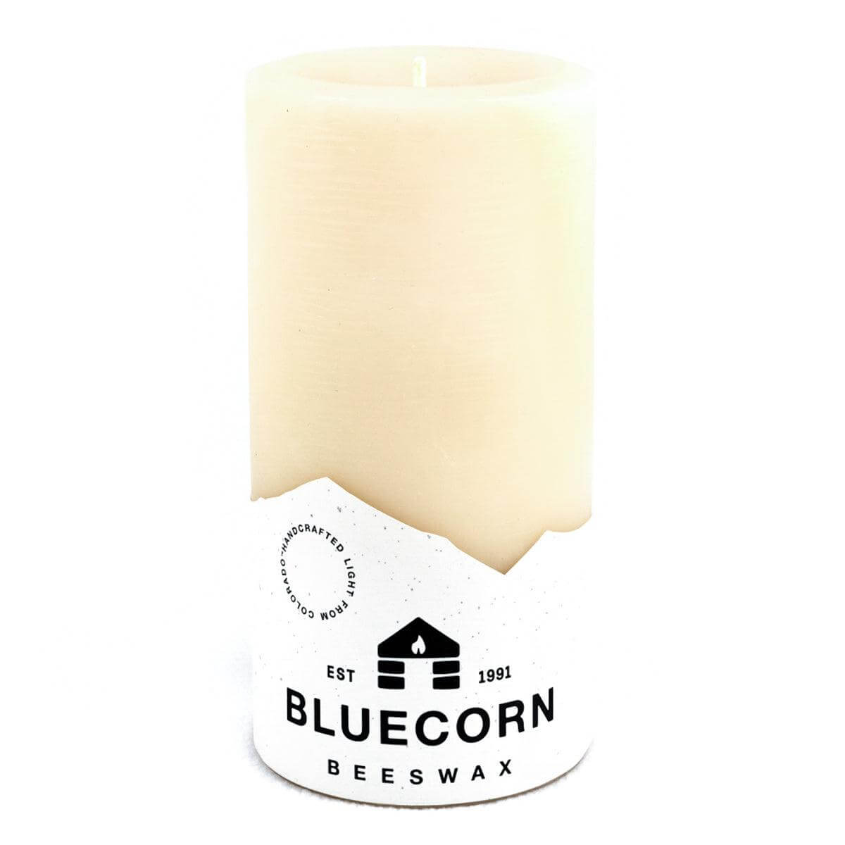 Ivory Bluecorn Candles pure beeswax pillar candles with smooth, natural finish, displayed in a row on a neutral background.