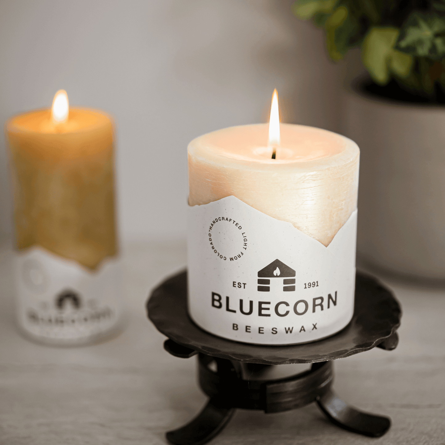 Ivory Pure Beeswax Pillar Candles by Bluecorn Candles, showing smooth, natural beeswax texture with unlit, tall cylindrical design