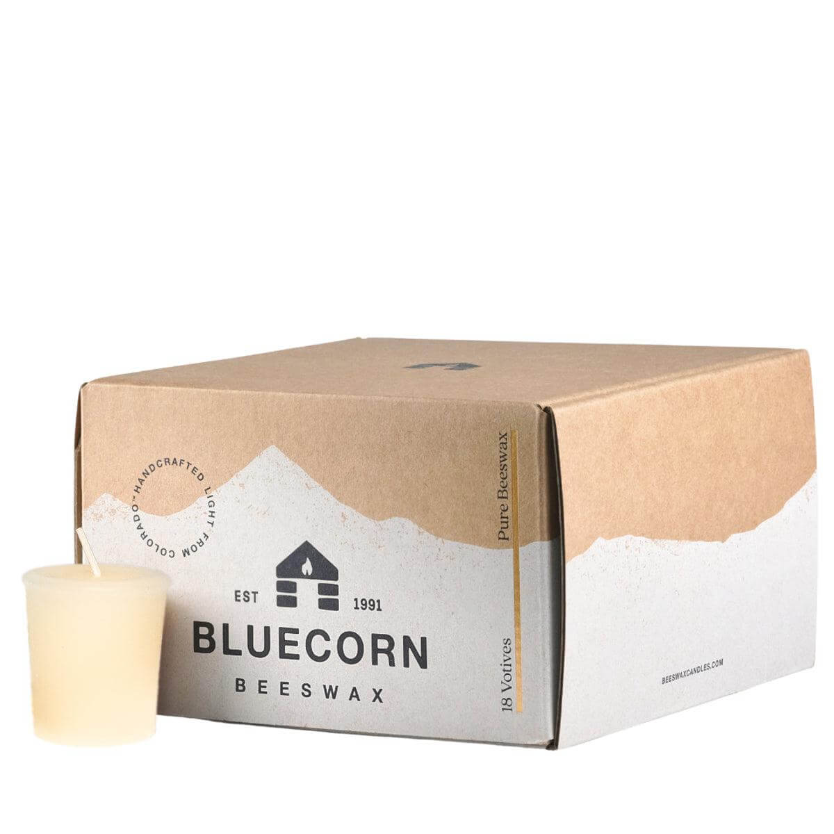Set of five Bluecorn Candles pure beeswax votive candles with smooth, natural beeswax finish and unlit wicks.