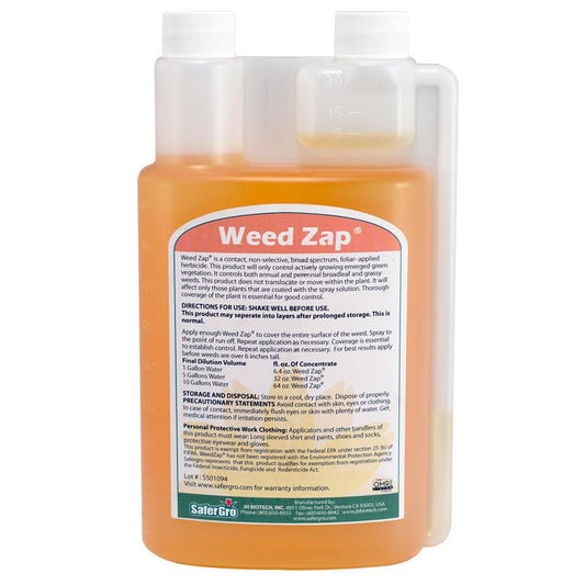 Grow Organic Weed Zap pest control quart bottle, eco-friendly weed and pest remover for garden use.