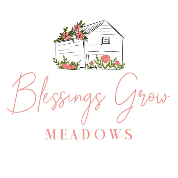 Illustration of a quaint house with blooming flowers and greenery. Below, in cursive and capital letters, it reads Blessings Grow Meadows. The design is mostly in soft pink and green tones.