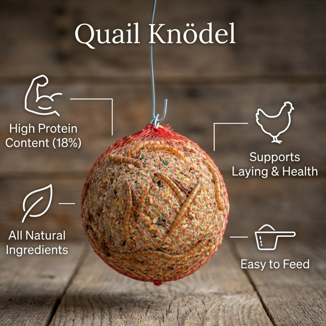 Quail & gamebird Knödel enrichment feed ball with mealworms for quails, shown in a two-pack, by Quailz.com.