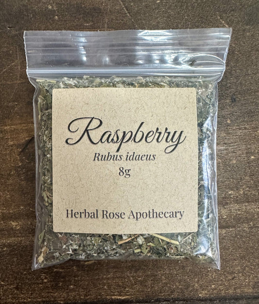 Dried raspberry leaf herbal tea leaves in a bag, natural and aromatic, from Herbal Rose Apothecary for herbal remedies and teas.