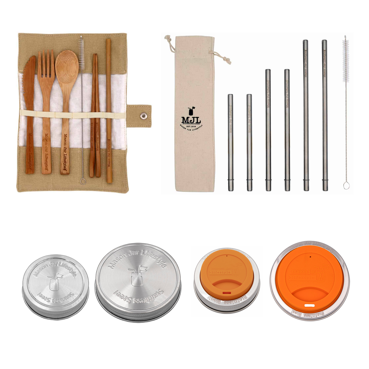 Zero waste starter kit for Mason Jars from Mason Jar Lifestyle with reusable lids, straws, and cleaning brushes in eco-friendly packaging.