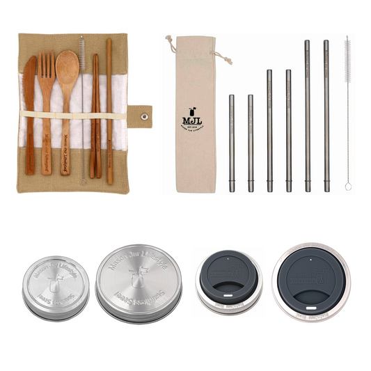 Zero waste starter kit for Mason Jars by Mason Jar Lifestyle, includes reusable accessories and cleaning tools for eco-friendly storage.