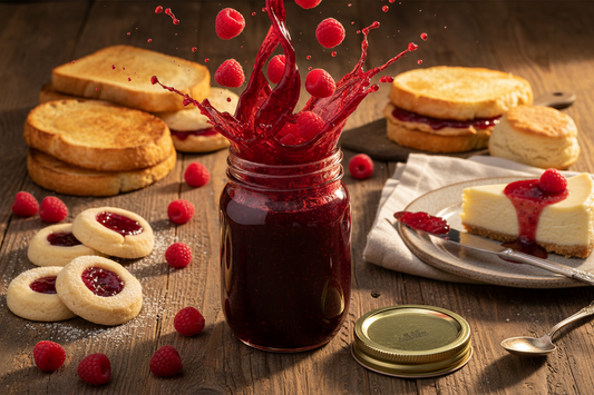 Canned Red Raspberry Seedless Jam by Amish Country Store in a jar, showcasing vibrant red jam inside.