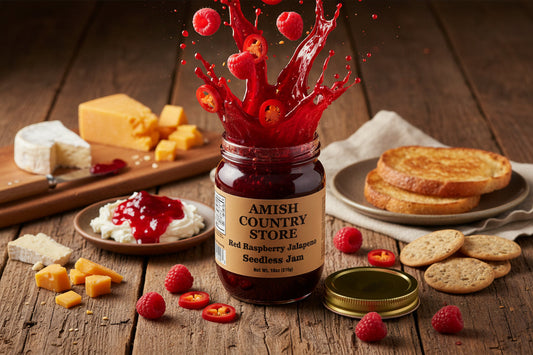 Canned Amish Country Store Red Raspberry Jalapeno Seedless Jam in 18oz jar, showing vibrant red jam with jalapeno pieces.