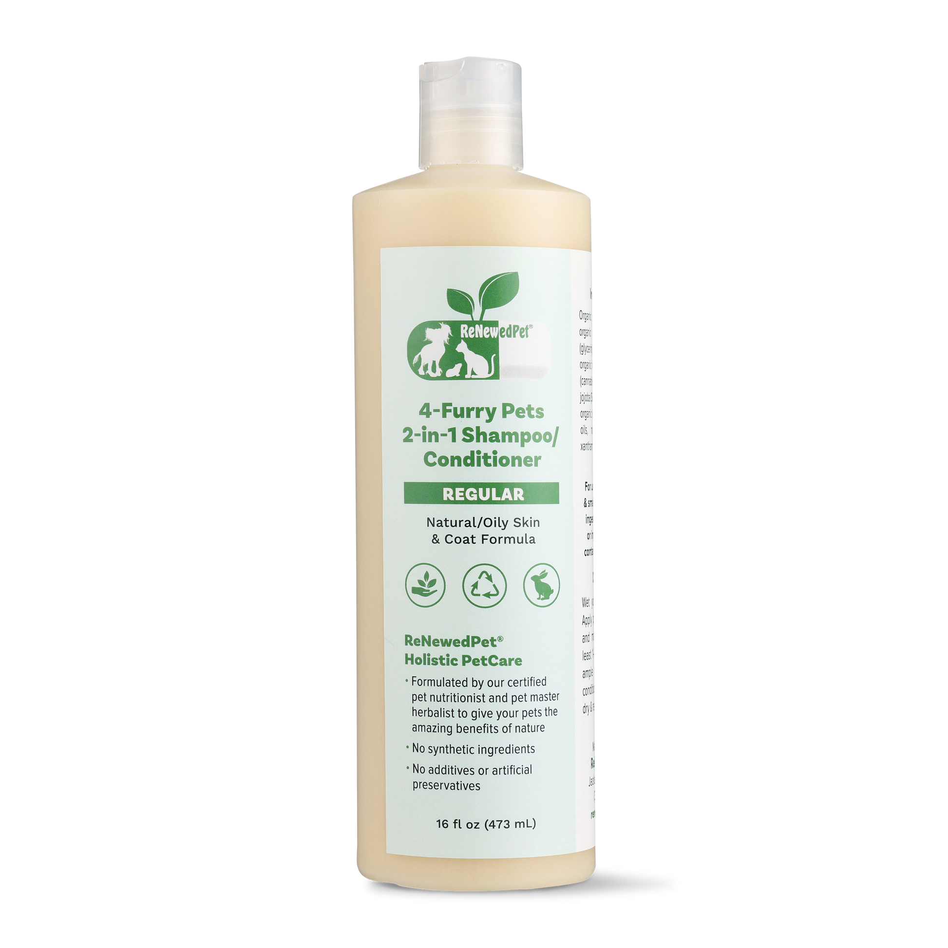ReNewedPet 4 Furry Friends 2-in-1 shampoo and conditioner for pets, showing a bottle with cartoon furry animals on label.
