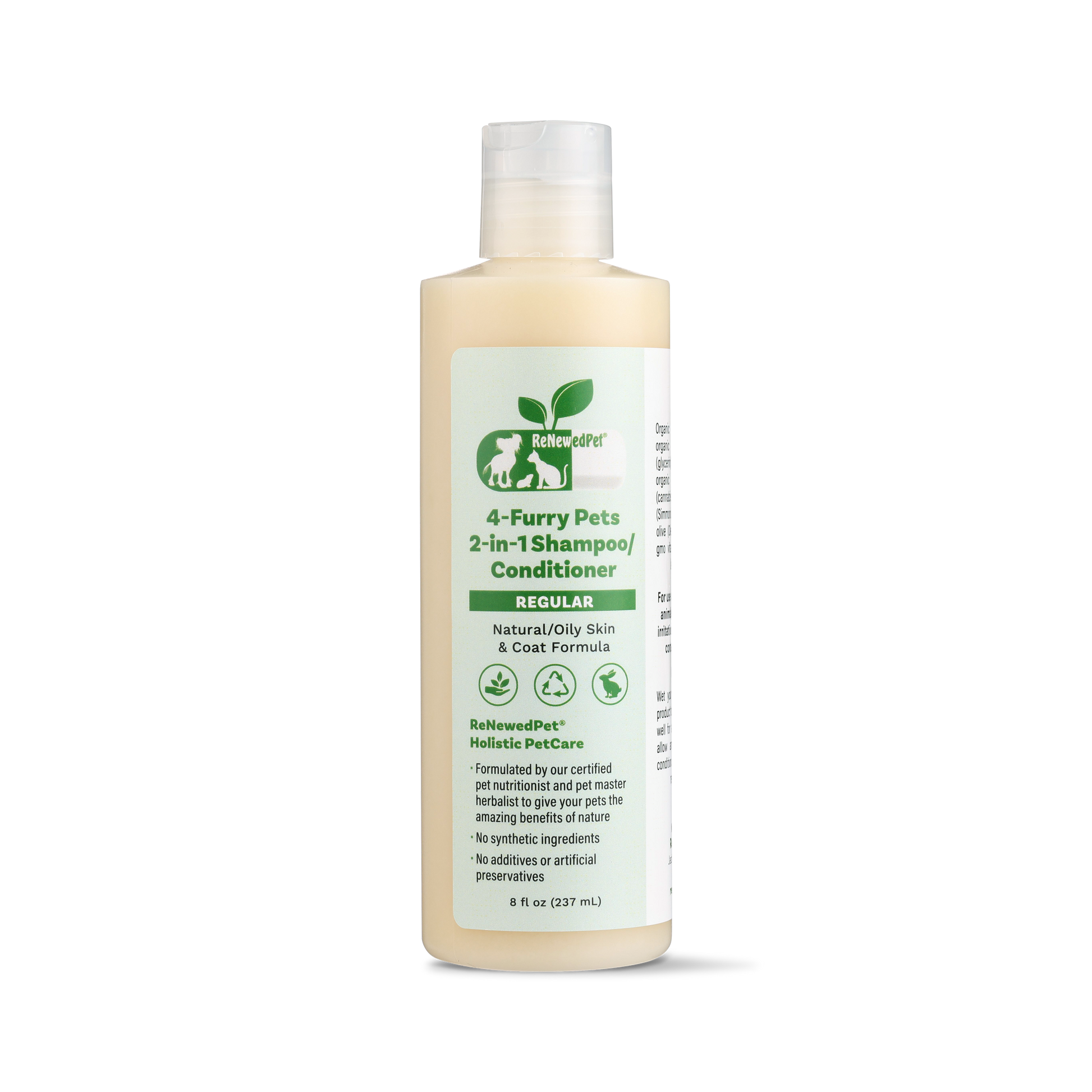 ReNewedPet 4-Furry Pets 2-in-1 regular shampoo and conditioner for pets, showing bottles with colorful labels and pet grooming imagery.