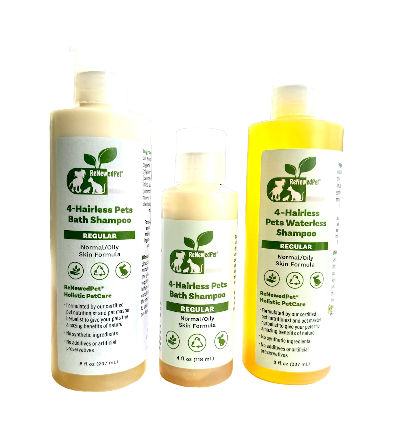 ReNewedPet 4 Nudie Pets hairless pet shampoo, waterless shampoo, and conditioner kit with four 4.59 oz bottles for pets.